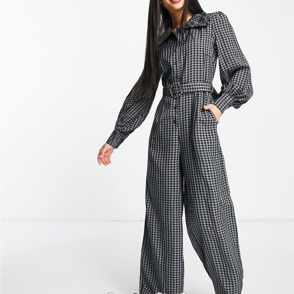 Lightweight Lola May ruffle collar belted jumpsuit in black gingham size M